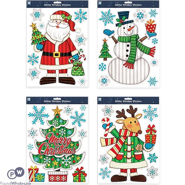 Christmas Figures Glitter Finish Window Stickers Set Assorted