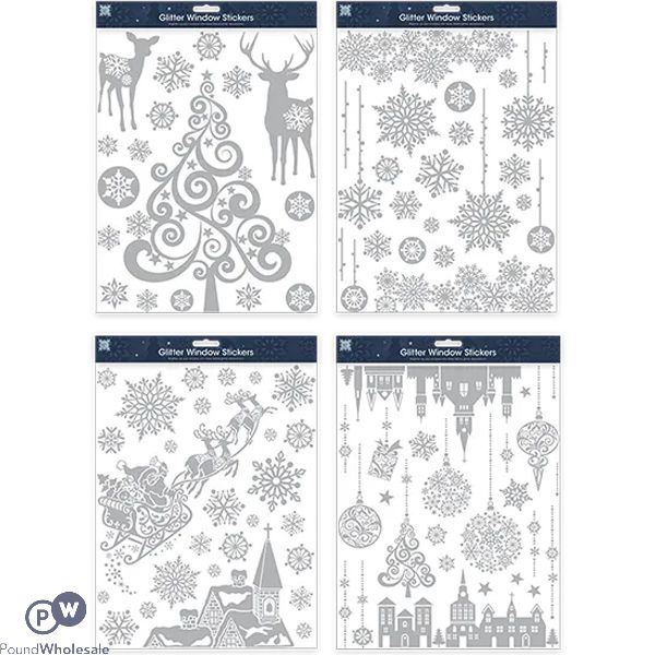 Christmas Silver Glitter Window Stickers Set Assorted