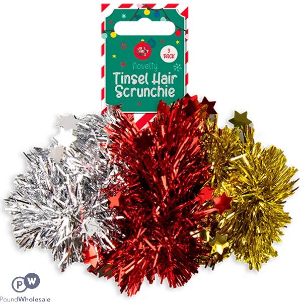Jolly Christmas Novelty Tinsel Hair Scrunchie 3 Pack
