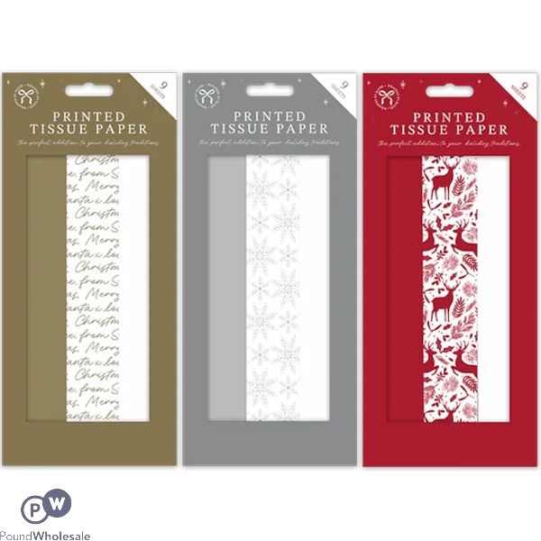 Christmas Printed Tissue Paper 50cm X 60cm 9 Pack Assorted