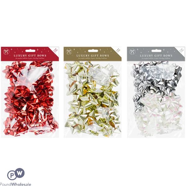 Christmas Metallic Gift Bows 12 Pack Assorted Colours