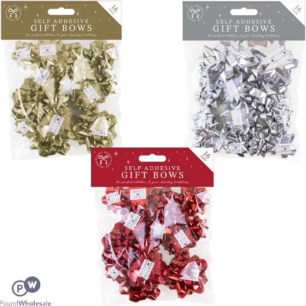 Christmas Self-adhesive Metallic Gift Bows 16 Pack Assorted Colours
