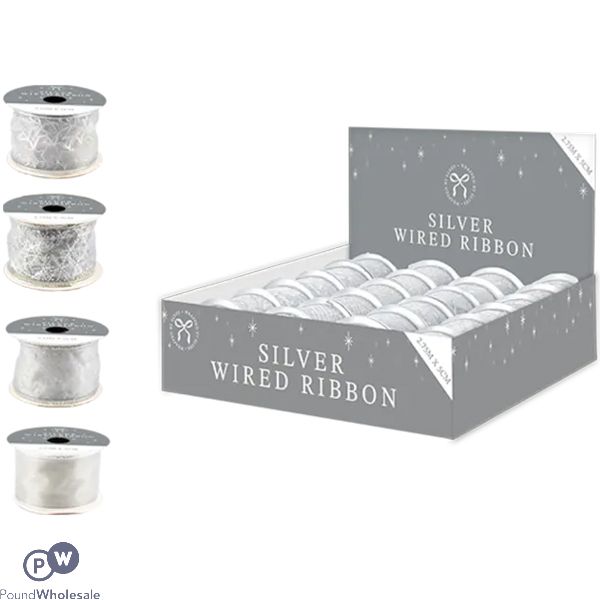 Christmas Wired Silver Ribbon 5cm X 2.75m Assorted Cdu