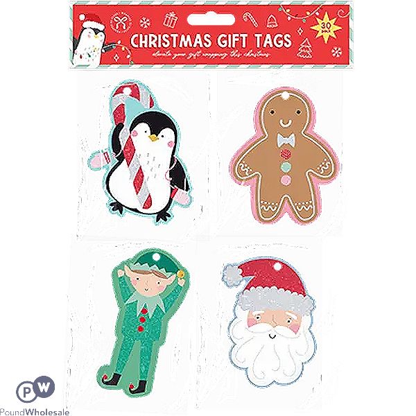 Christmas Assorted Glitter Character Gift Tag 30 Pack