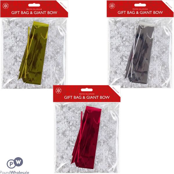 Christmas Cellophane Metallic Gift Bag & Giant Bow Set 76cm X 61cm X 10.5cm Assorted Colours
