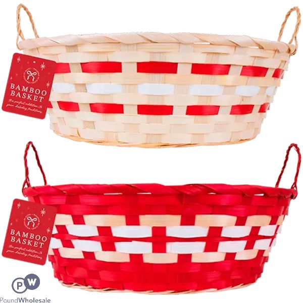 Christmas Oval Natural Bamboo Hamper Basket 33cm X 25.5cm X 11cm Assorted