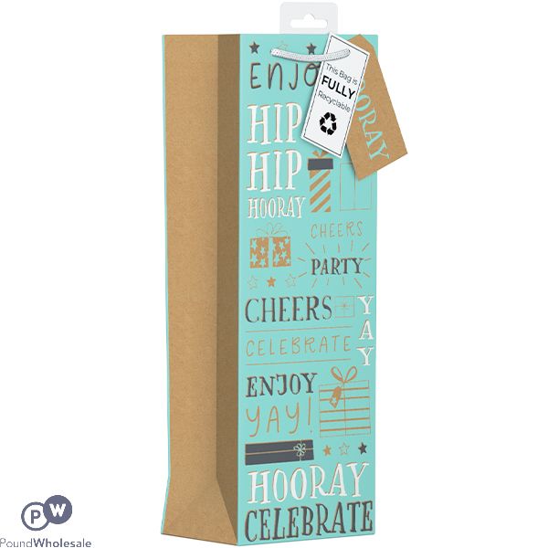 GIFTMAKER HOORAY CELEBRATE KRAFT TEXT GIFT BAG BOTTLE