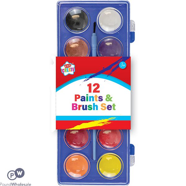 Kids Create Assorted Colour Paints & Paint Brush Set 12 Pack