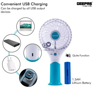 Geepas Blue 3-speed Rechargeable Handheld Electric Fan