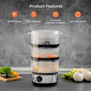 Geepas 400w Stainless Steel 3-tier Electric Food Steamer 7.2l