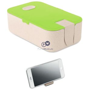 Wheat Straw Pp Green & Beige Lunch Box With Phone Stand