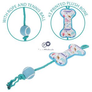 Smart Choice Squeaky Plush Bone Ball & Rope Dog Toy 55cm Assorted