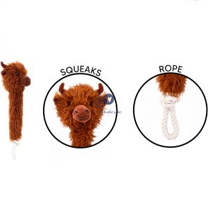 Smart Choice Squeaky Plush Rope Highland Cow Dog Toy 50cm Assorted Colours